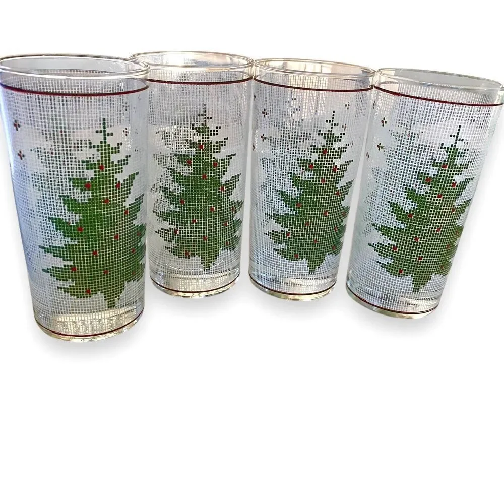 Vintage 4 pc CULVER Needlepoint Holiday Christmas Tree Glasses Highball Tumbler